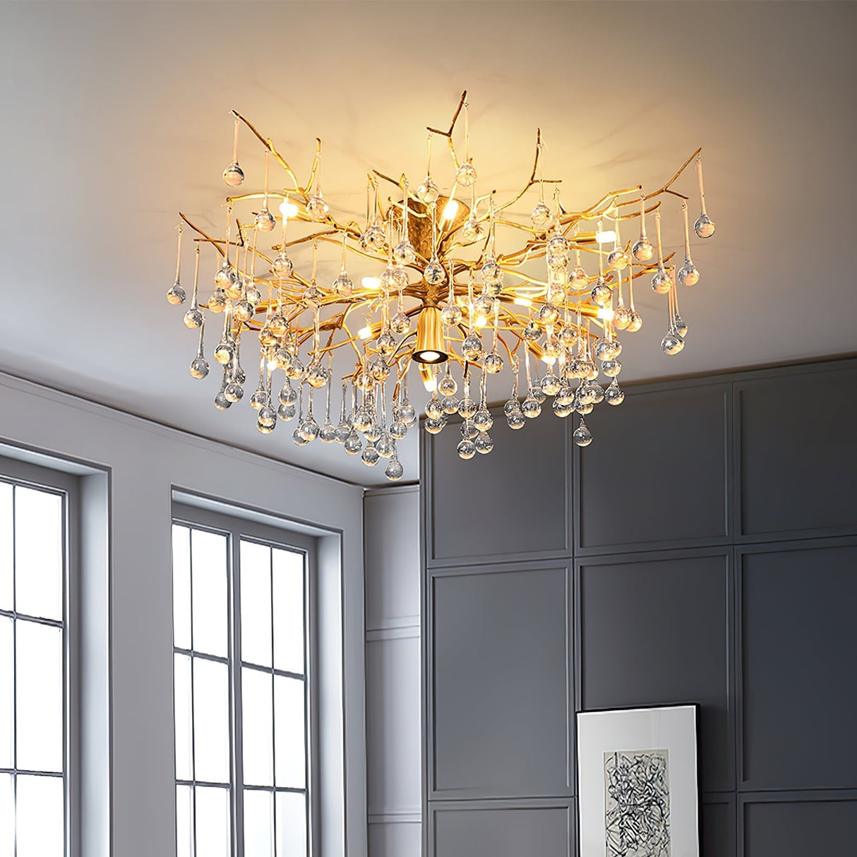 Crystal Glass Ceiling Light Brass Frame with Droplet Pendants - Product detail 5