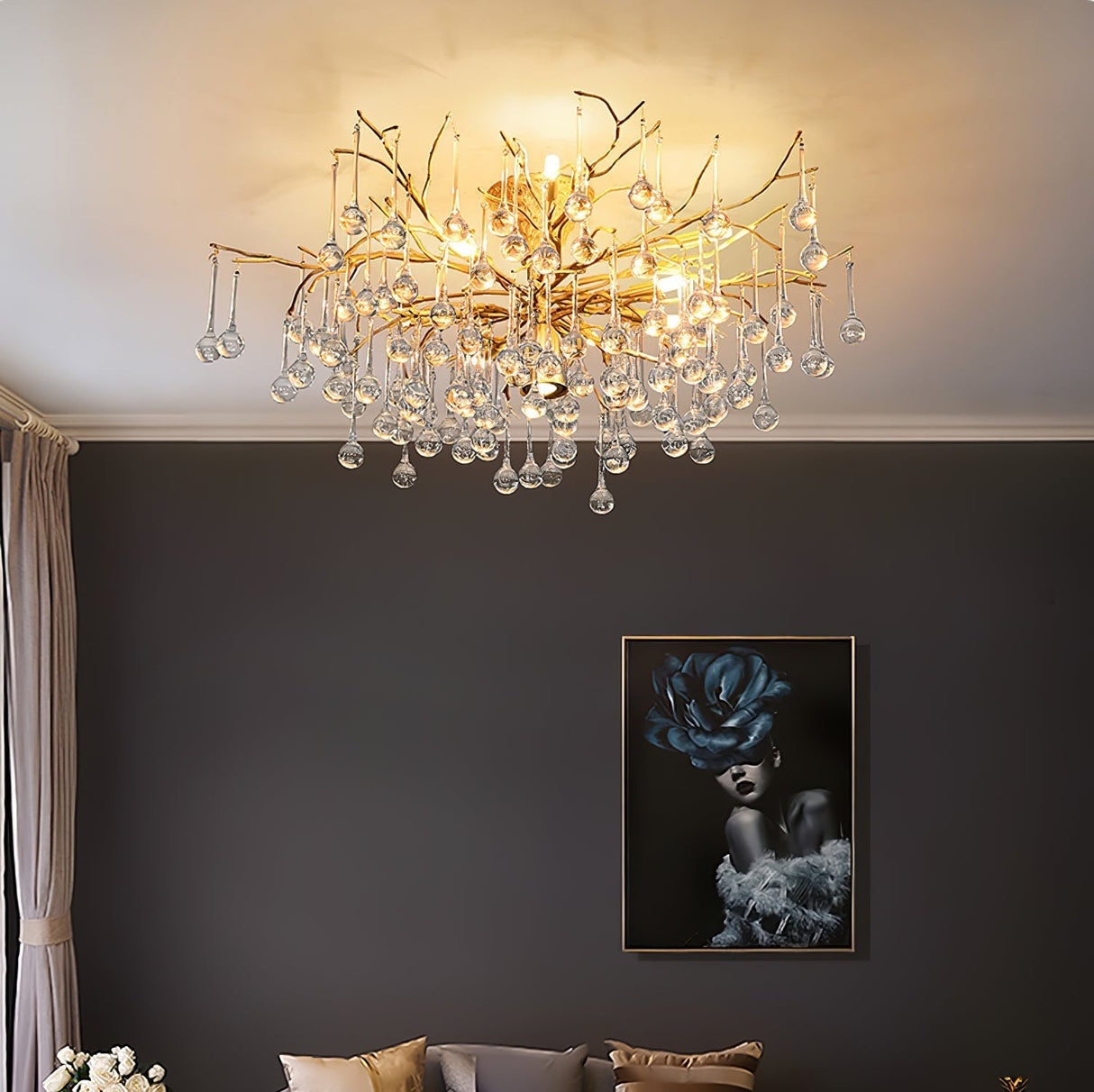 Crystal Glass Ceiling Light Brass Frame with Droplet Pendants - Product detail 6