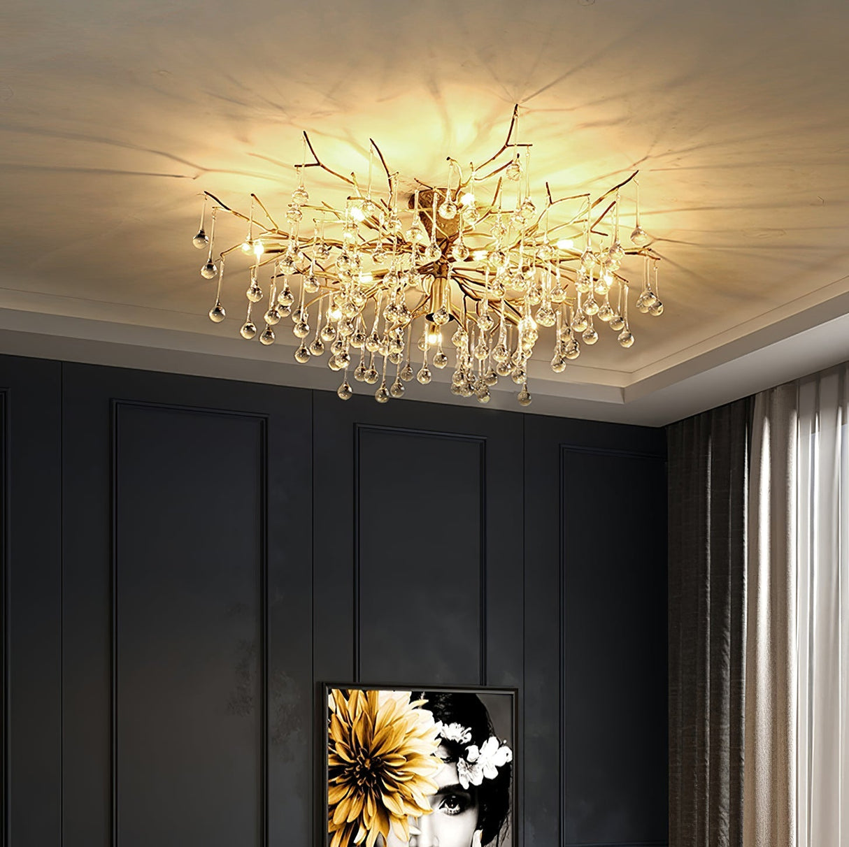 Crystal Glass Ceiling Light Brass Frame with Droplet Pendants - Product detail 8