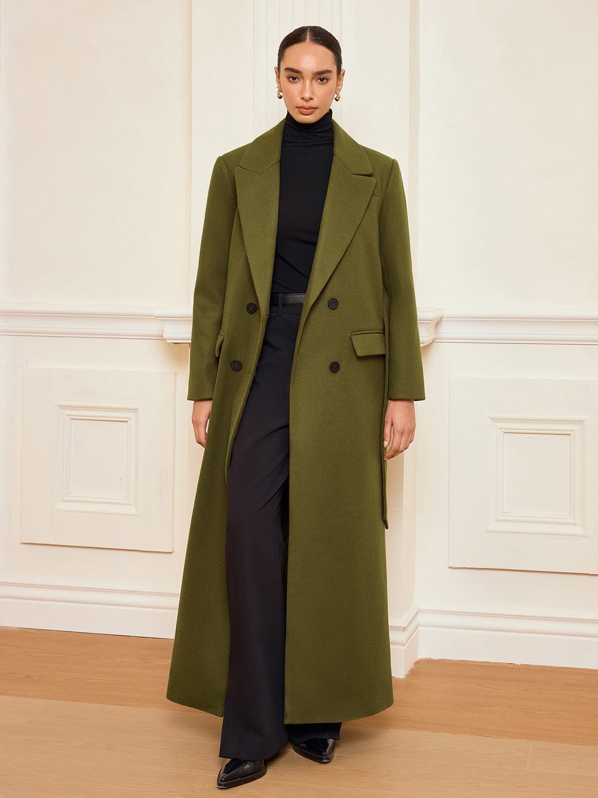 Double Breasted Long Coat Olive Green Wool Blend - Product showcase