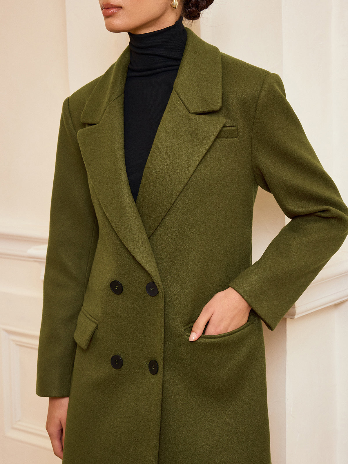 Double Breasted Long Coat Olive Green Wool Blend - Product detail 5