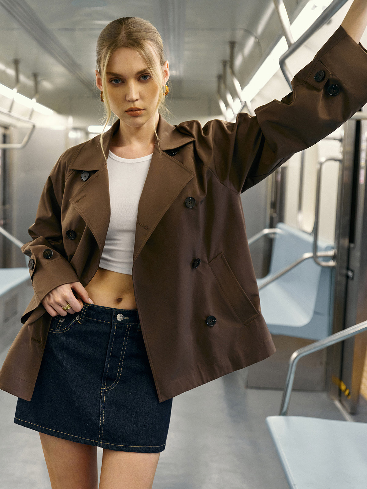 Double Breasted Trench Coat Classic Brown Polyester - Product example