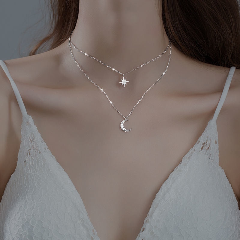 Celestial Double Necklace Sterling Silver Moon Star Design - Product showcase
