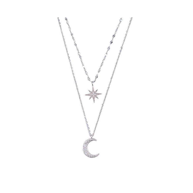 Celestial Double Necklace Sterling Silver Moon Star Design - Detailed view