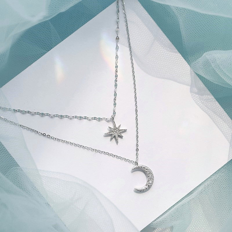 Celestial Double Necklace Sterling Silver Moon Star Design - Product example