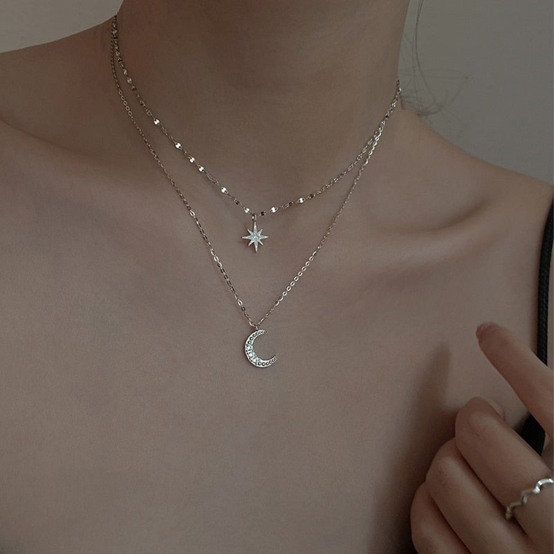 Celestial Double Necklace Sterling Silver Moon Star Design - Product detail 4