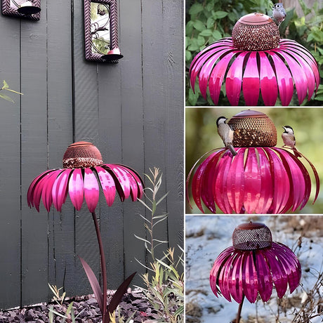 Garden Bird Feeder  Metal Sunflower Design with Pink Petals - Product showcase