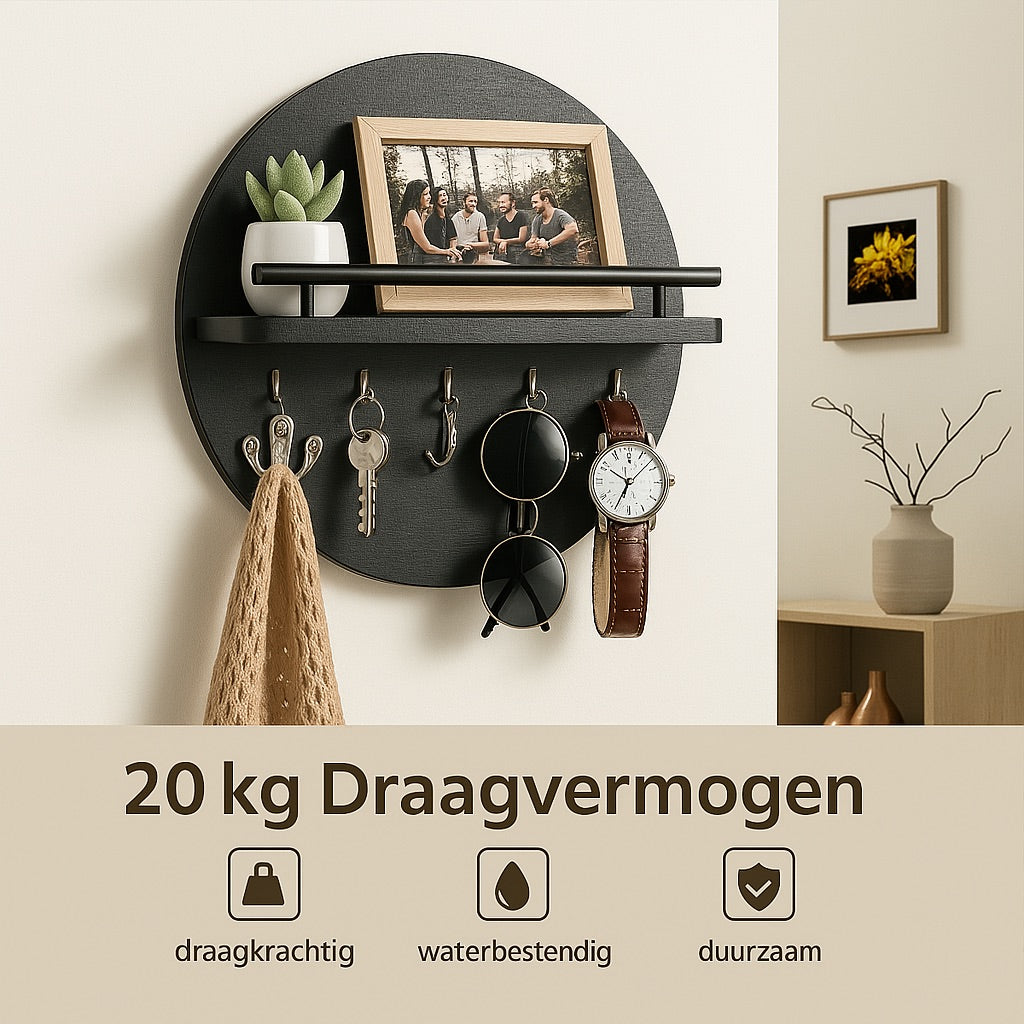 Round Wall Key Holder Dark Wood Grain with Display Shelf - Product detail 4