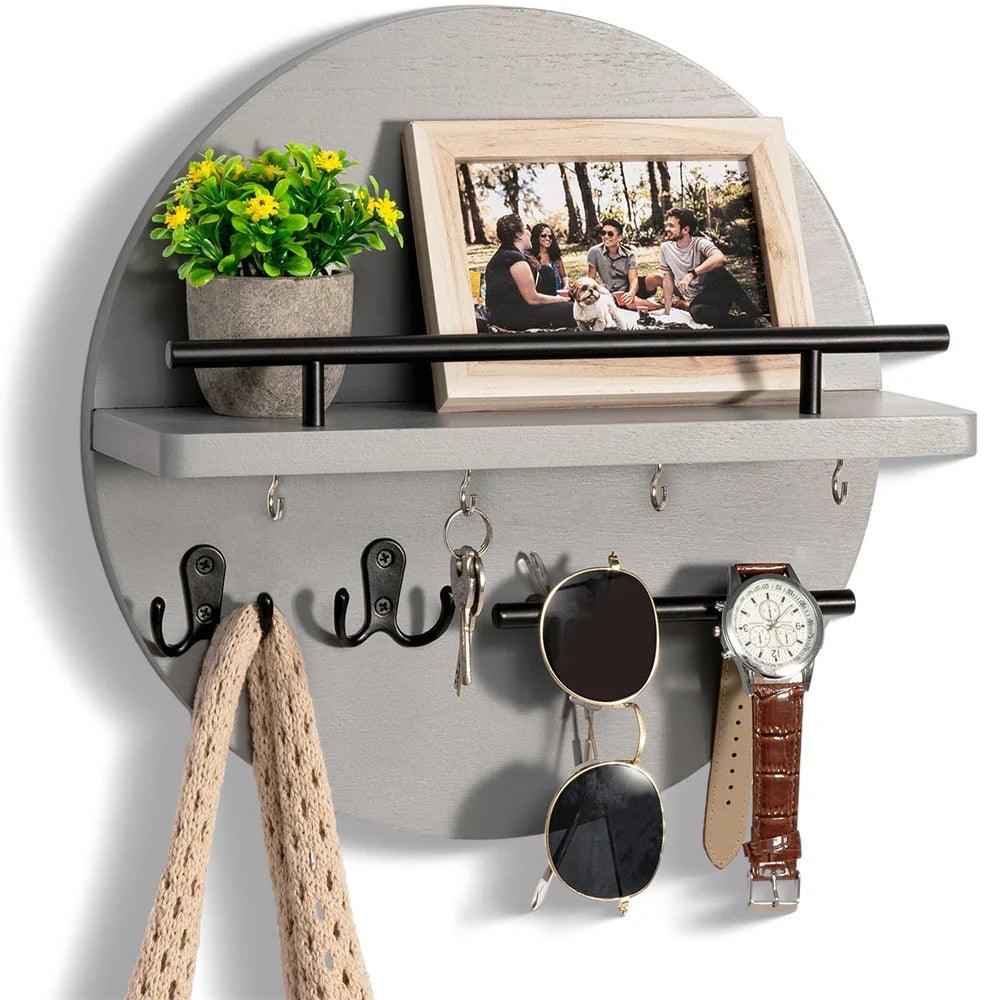 Round Wall Key Holder Dark Wood Grain with Display Shelf - Product detail 8