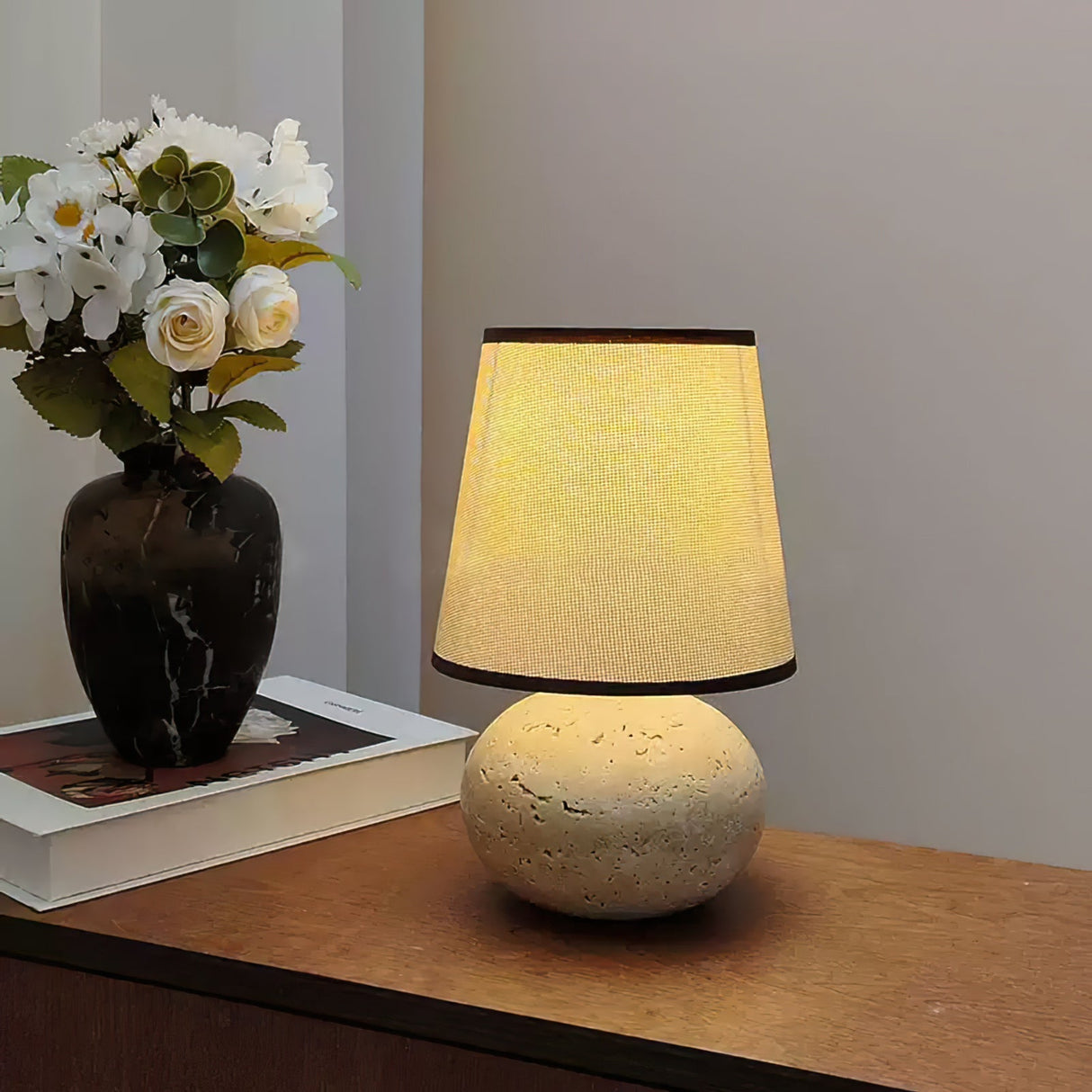 Travertine Table Lamp Natural Stone Base With Linen Shade - Detailed view