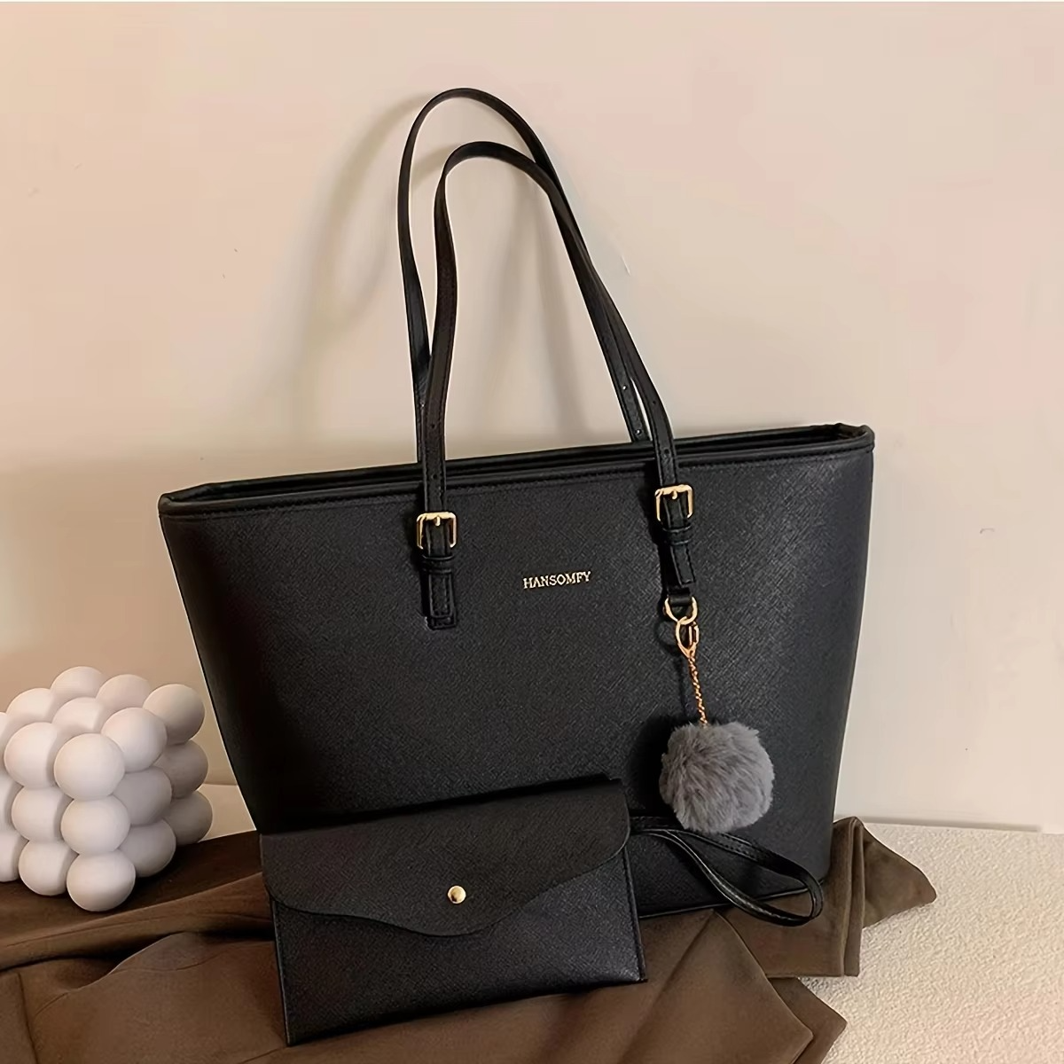 Designer Tote Bag Brown Leather With Pom Charm - Product example