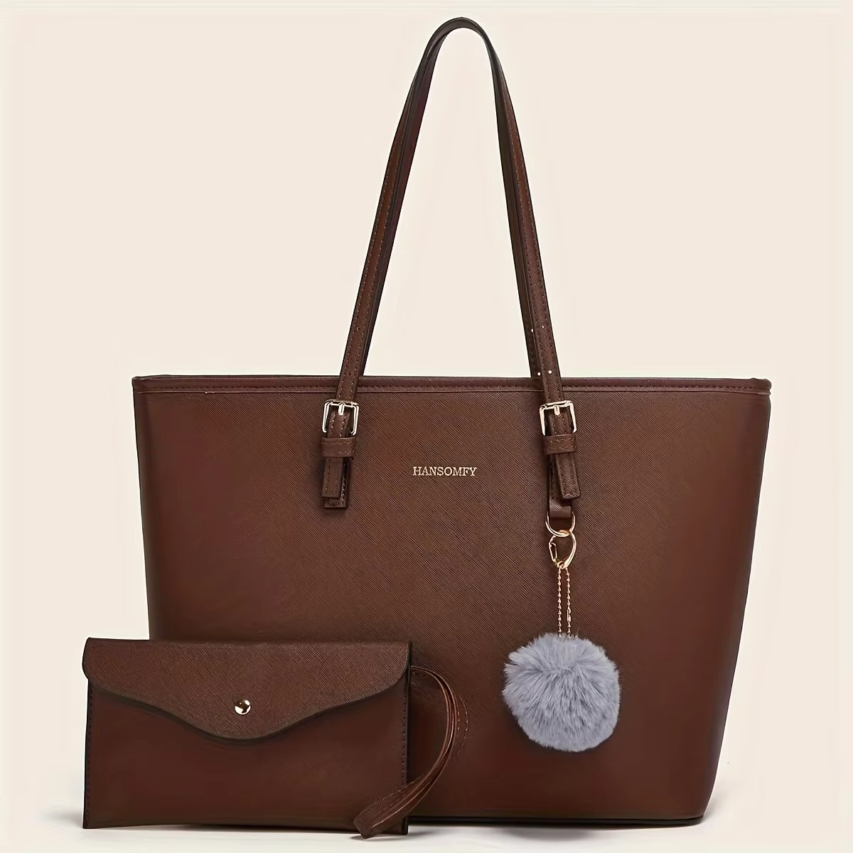 Designer Tote Bag Brown Leather With Pom Charm - Product detail 4