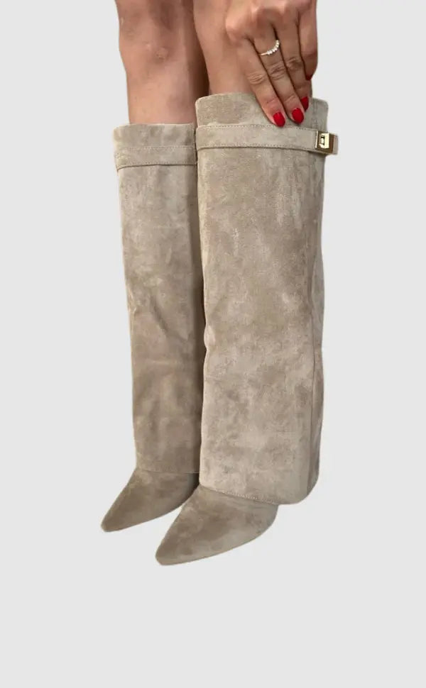 Suede Knee High Boots  Classic Beige With Gold Buckle Detail - Product showcase