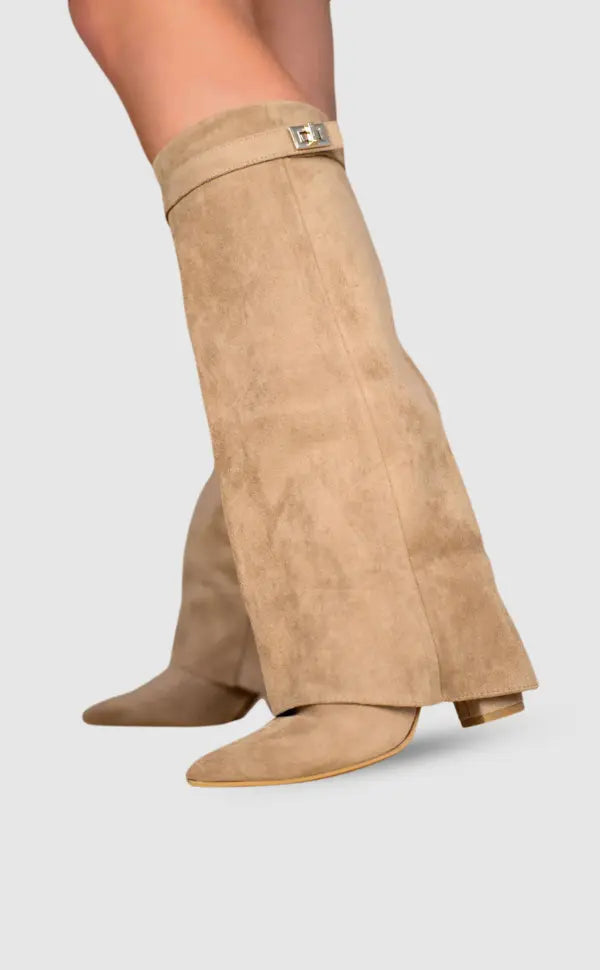 Suede Knee High Boots  Classic Beige With Gold Buckle Detail - Detailed view