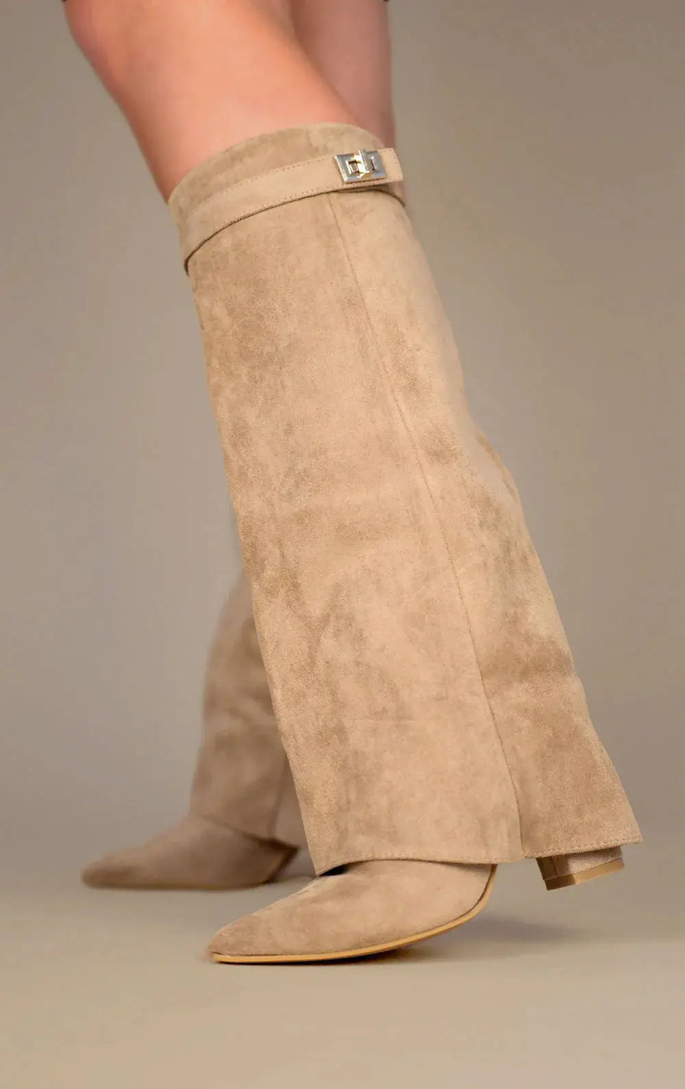 Suede Knee High Boots  Classic Beige With Gold Buckle Detail - Product example