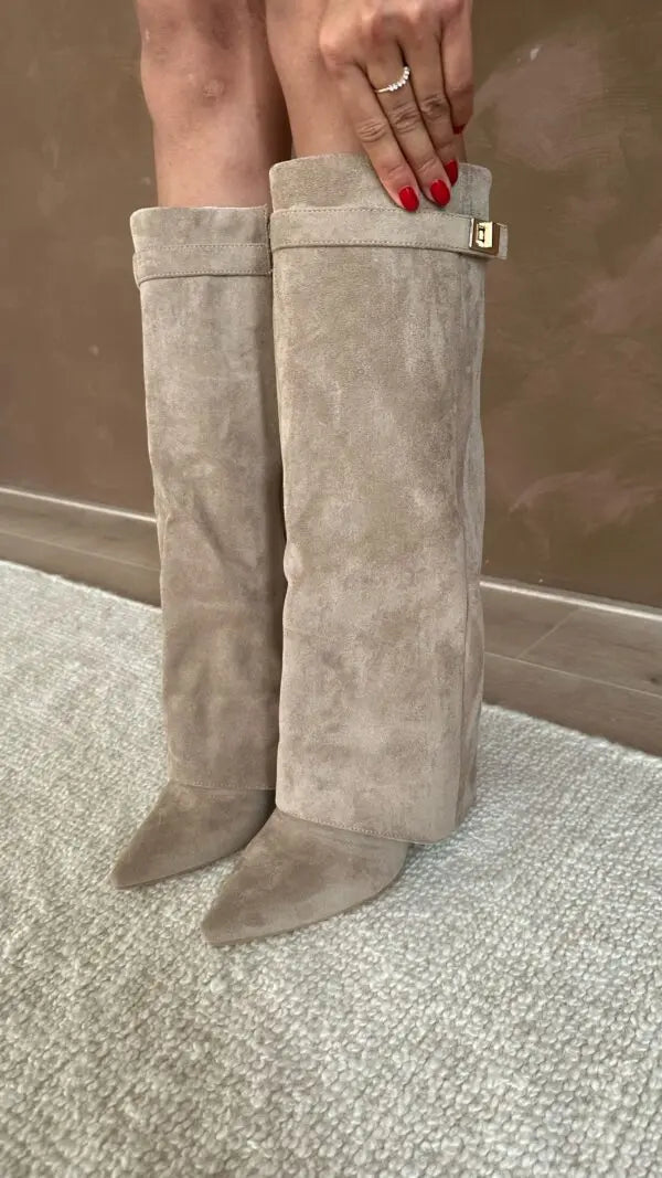 Suede Knee High Boots  Classic Beige With Gold Buckle Detail - Product detail 4