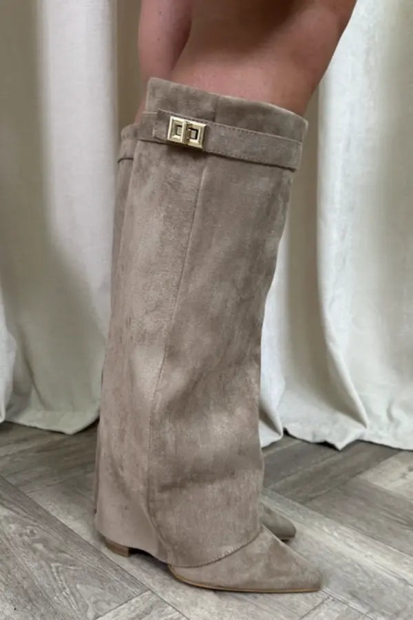 Suede Knee High Boots  Classic Beige With Gold Buckle Detail - Product detail 6