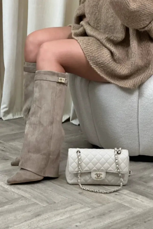 Suede Knee High Boots  Classic Beige With Gold Buckle Detail - Product detail 7