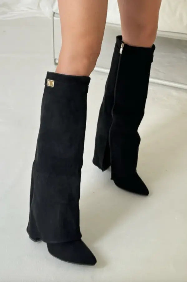 Suede Knee High Boots  Classic Beige With Gold Buckle Detail - Product detail 9