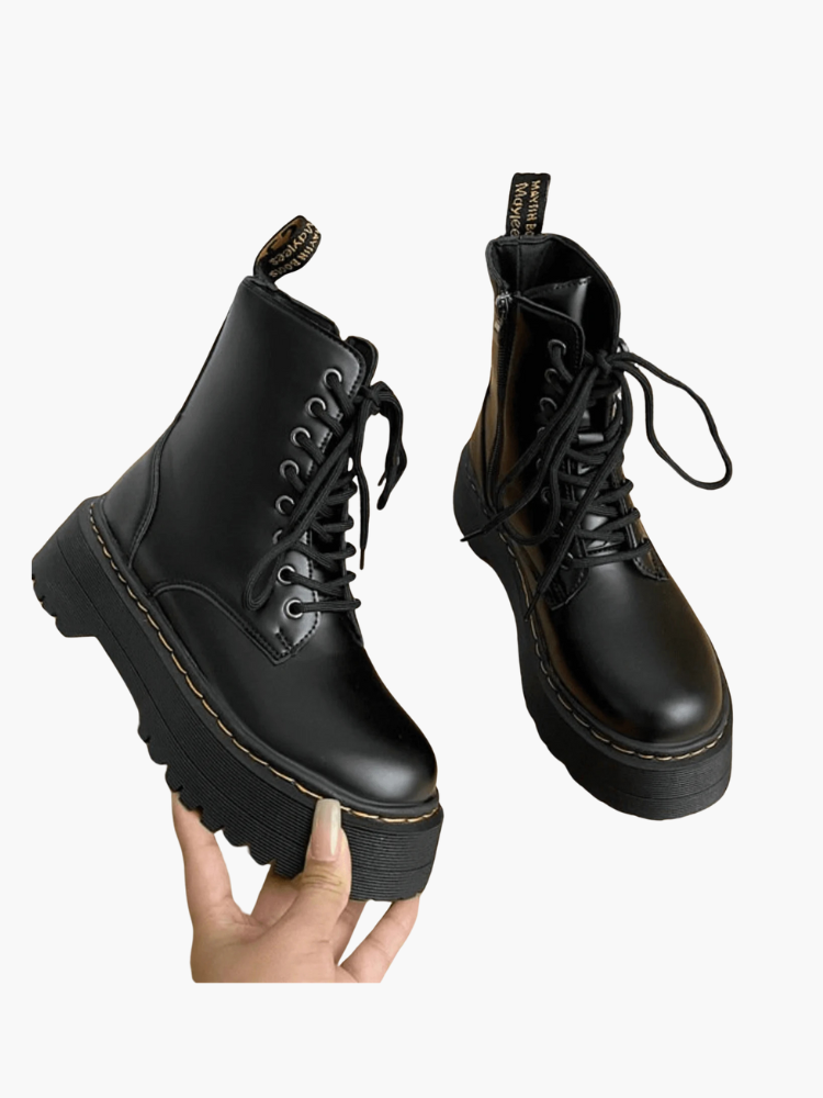 Platform Combat Boots  Black Leather Lace-Up Design - Product example