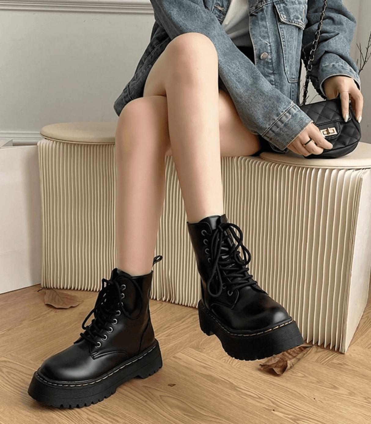Platform Combat Boots  Black Leather Lace-Up Design - Product detail 5