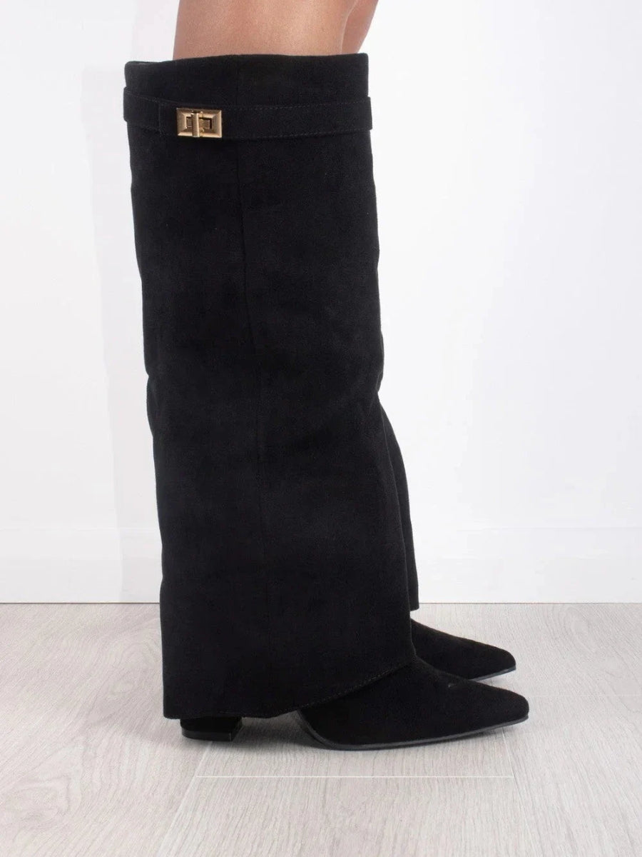 Classic Suede Knee High Boots  Black with Gold Hardware - Product example