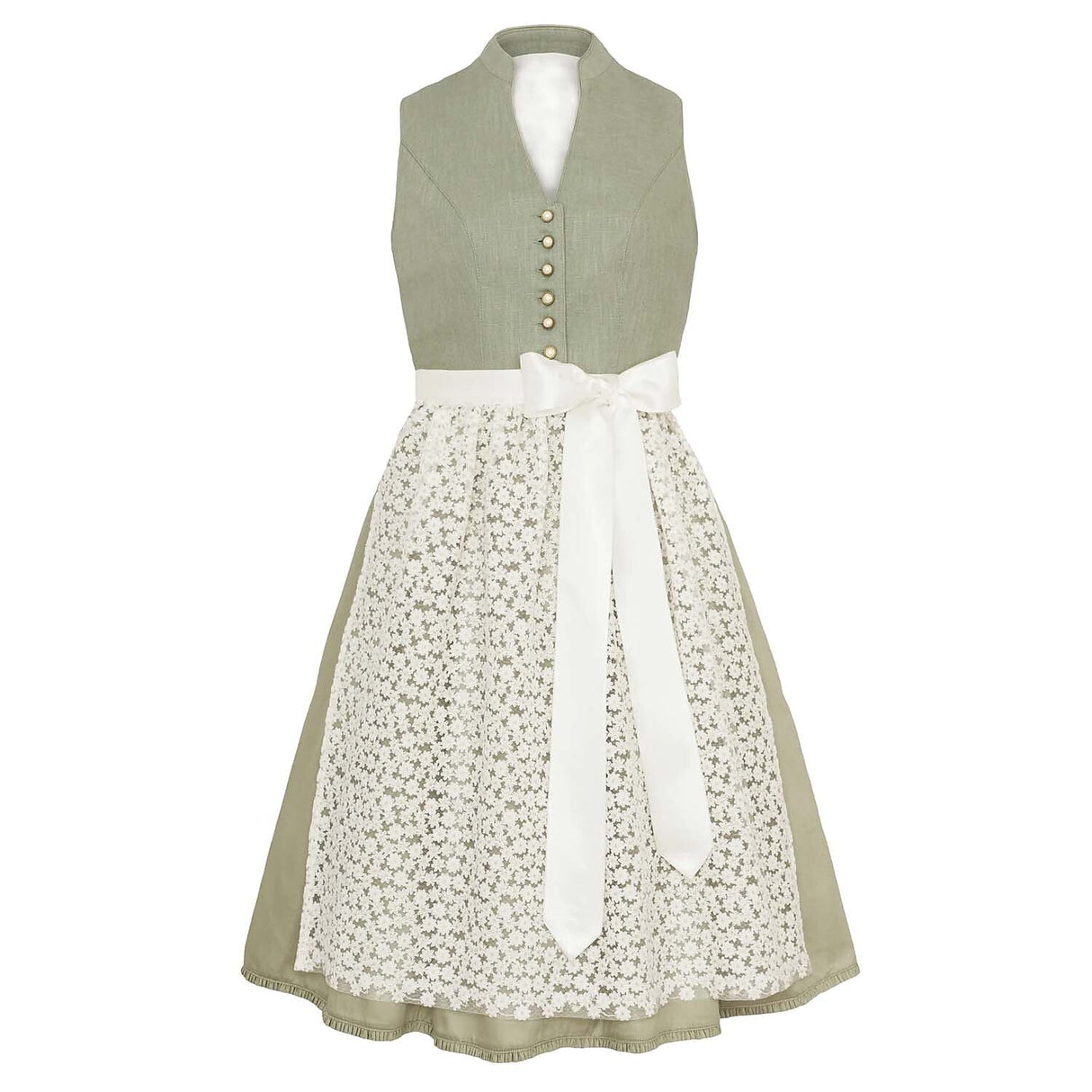 Traditional Dirndl Dress  Sage Green with Lace Apron - Detailed view