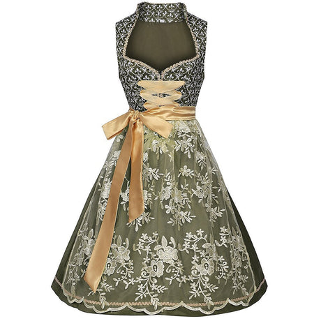 Traditional Dirndl Dress  Floral Embroidered Green With Gold Sash - Product showcase