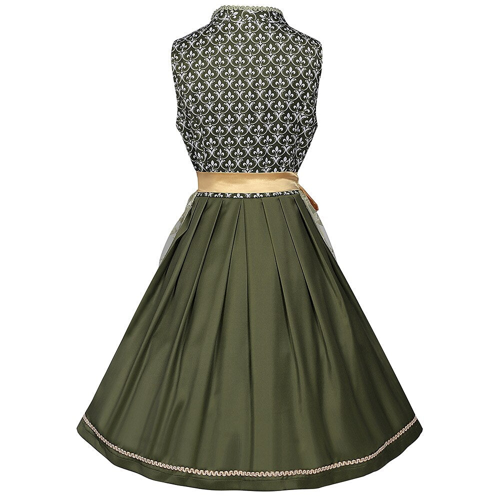 Traditional Dirndl Dress  Floral Embroidered Green With Gold Sash - Detailed view