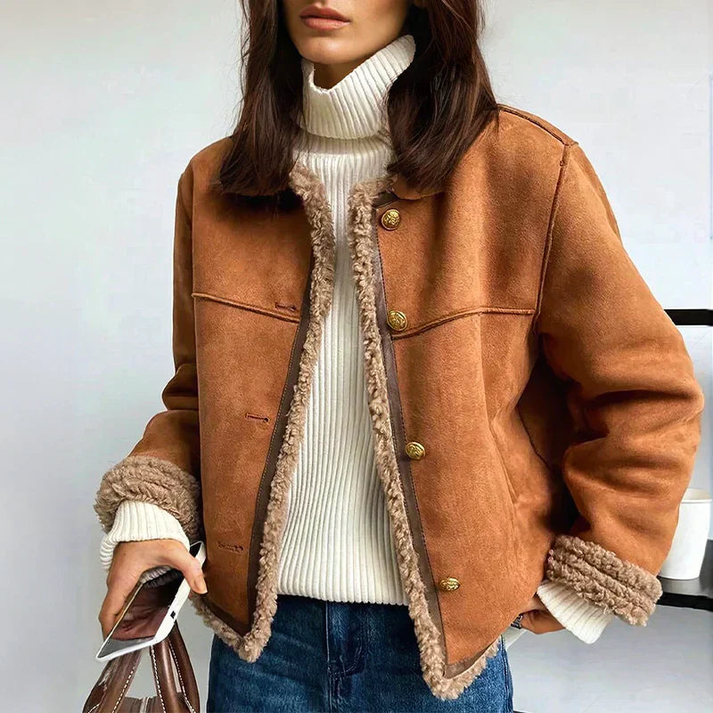 Classic Shearling Jacket Camel Suede Button Front - Product showcase