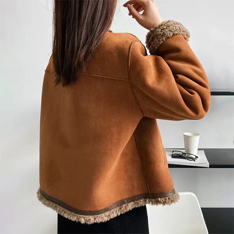 Classic Shearling Jacket Camel Suede Button Front - Product example