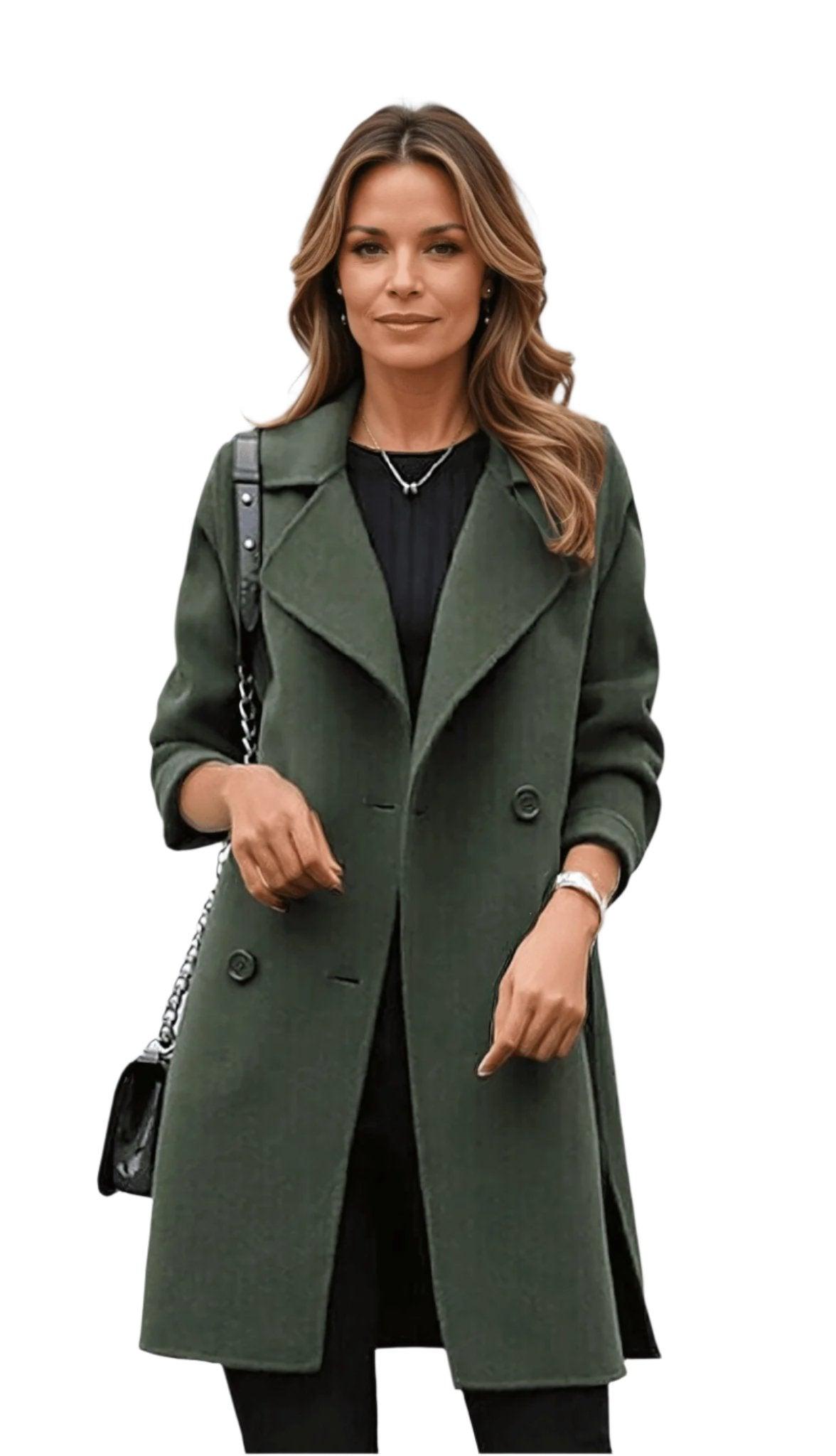 Classic Wool Trench Coat Double-Breasted Military Green Design - Product showcase