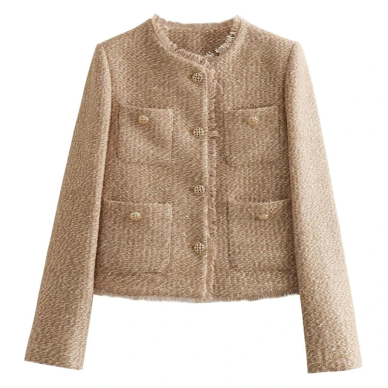 Tweed Cropped Jacket Textured Beige Womens Blazer - Product detail 5
