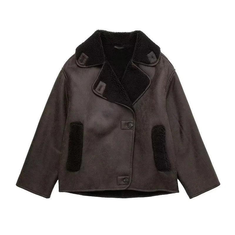 Leather Winter Jacket Wide Collar Plush Lined Design - Product detail 5