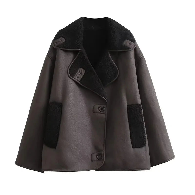 Leather Winter Jacket Wide Collar Plush Lined Design - Product detail 6