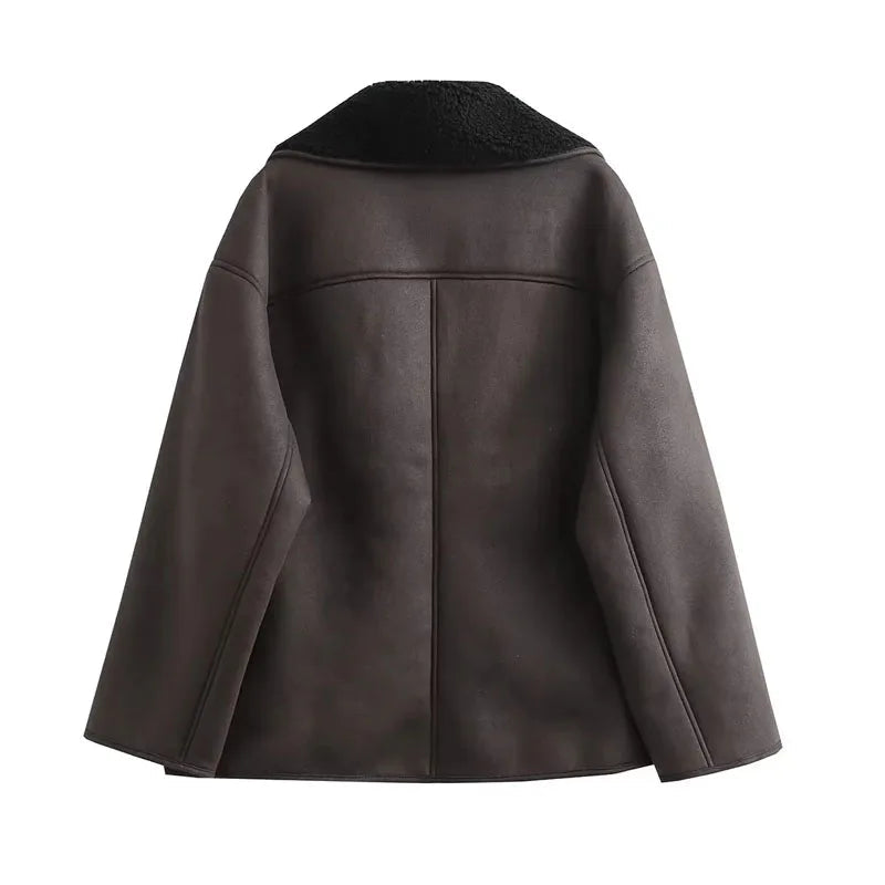 Leather Winter Jacket Wide Collar Plush Lined Design - Product detail 7