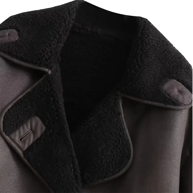 Leather Winter Jacket Wide Collar Plush Lined Design - Product detail 8