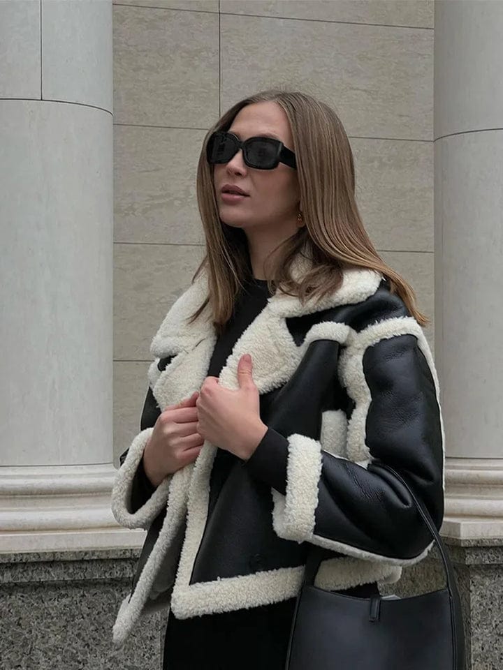 Winter Shearling Jacket Oversized Black Leather with White Trim - Product example