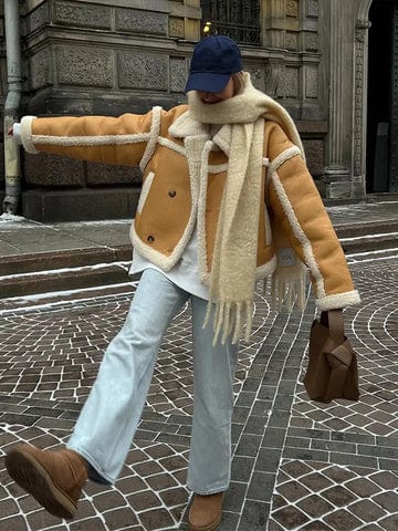 Winter Shearling Jacket Oversized Black Leather with White Trim - Product detail 5