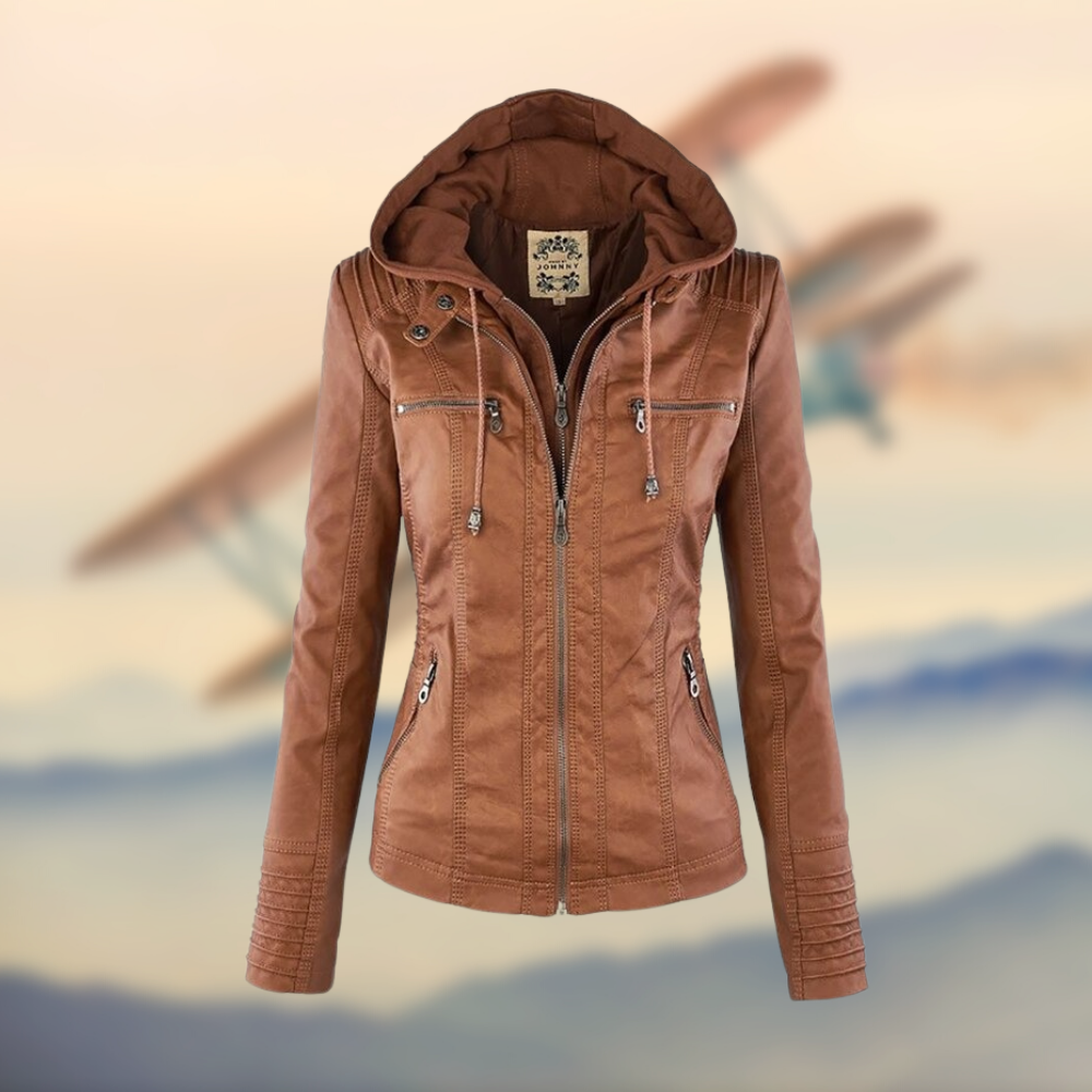 Leather Hooded Jacket Fitted Womens Casual Design - Product showcase