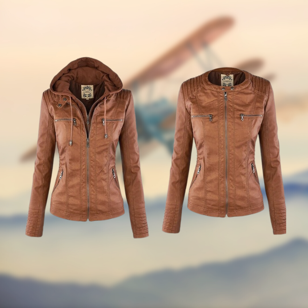 Leather Hooded Jacket Fitted Womens Casual Design - Product example