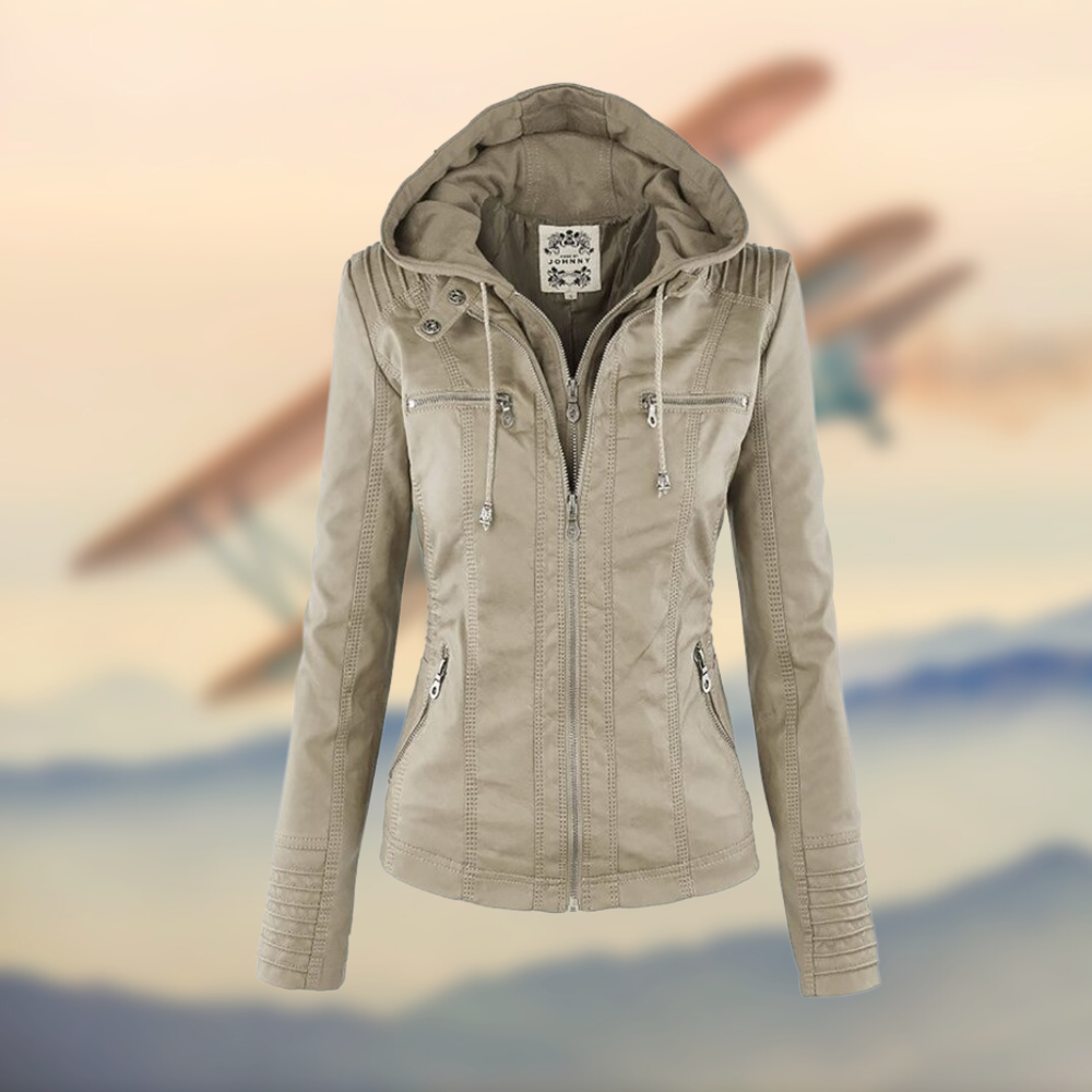 Leather Hooded Jacket Fitted Womens Casual Design - Product detail 4