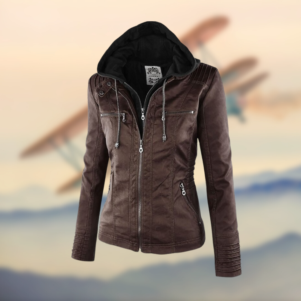 Leather Hooded Jacket Fitted Womens Casual Design - Product detail 5
