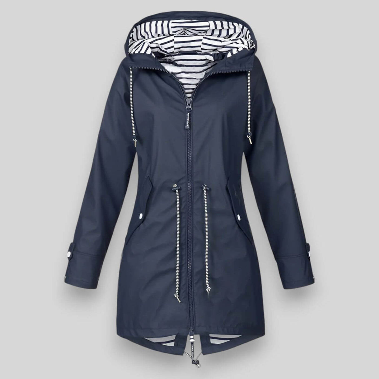 Waterproof Rain Coat Navy Hooded Drawstring Design - Product showcase