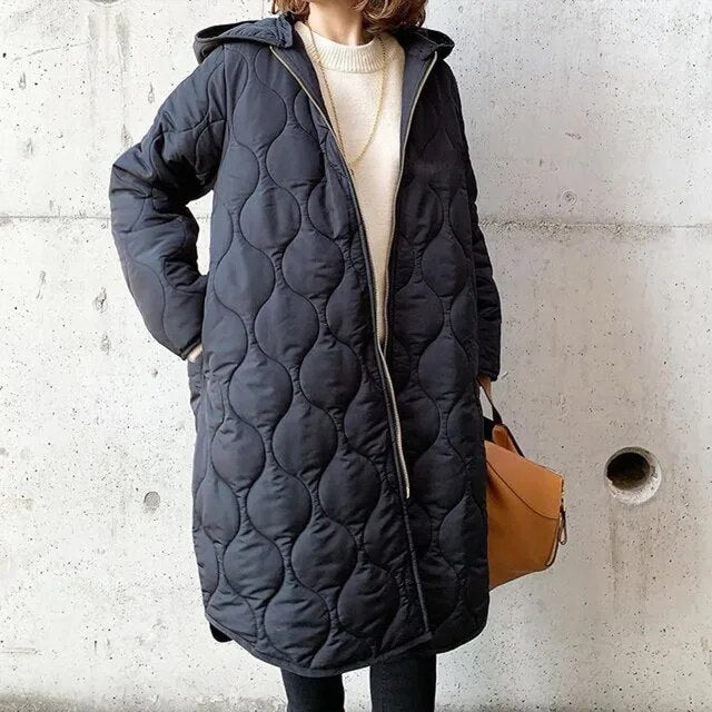 Quilted Winter Coat Longline Hooded Puffer Design - Detailed view