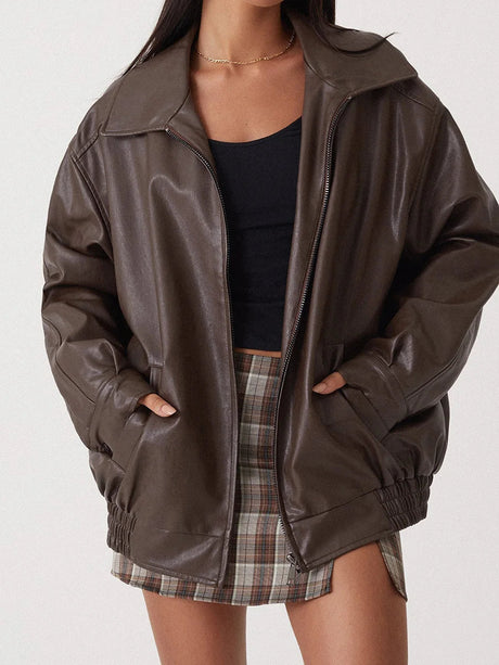 Oversized Leather Bomber Jacket  Black Elastic Trim Design - Product detail 7