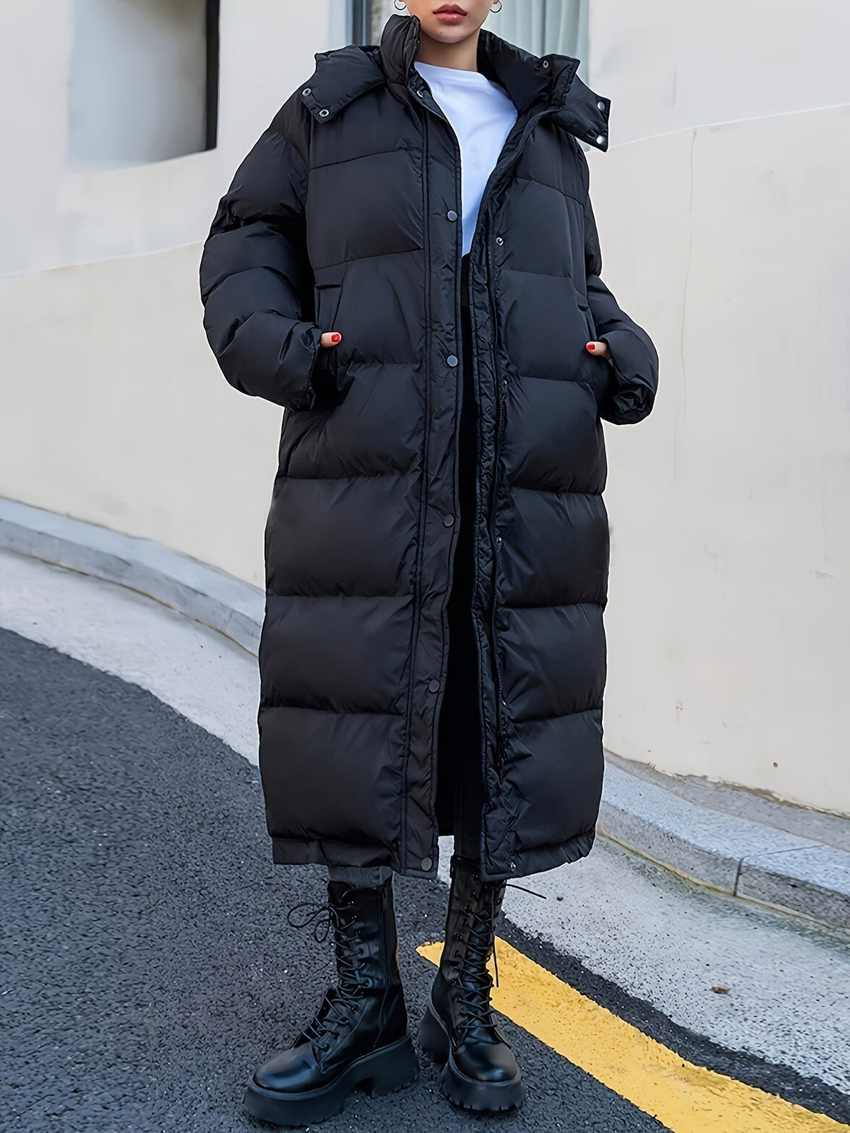 Long Winter Puffer Coat Full Length Black Insulated Design - Product showcase