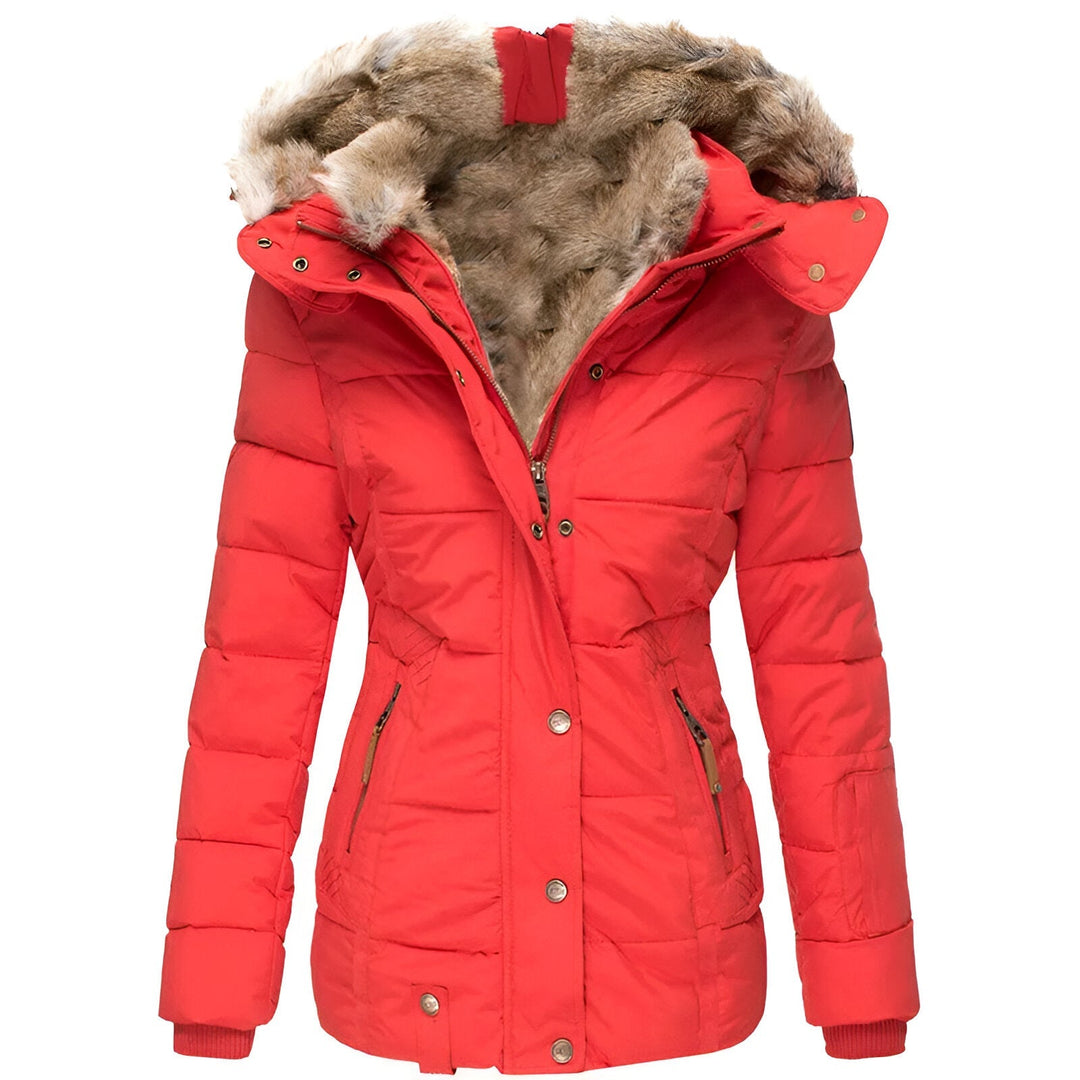 Winter Puffer Jacket Quilted Hooded Design With Faux Fur Trim - Detailed view