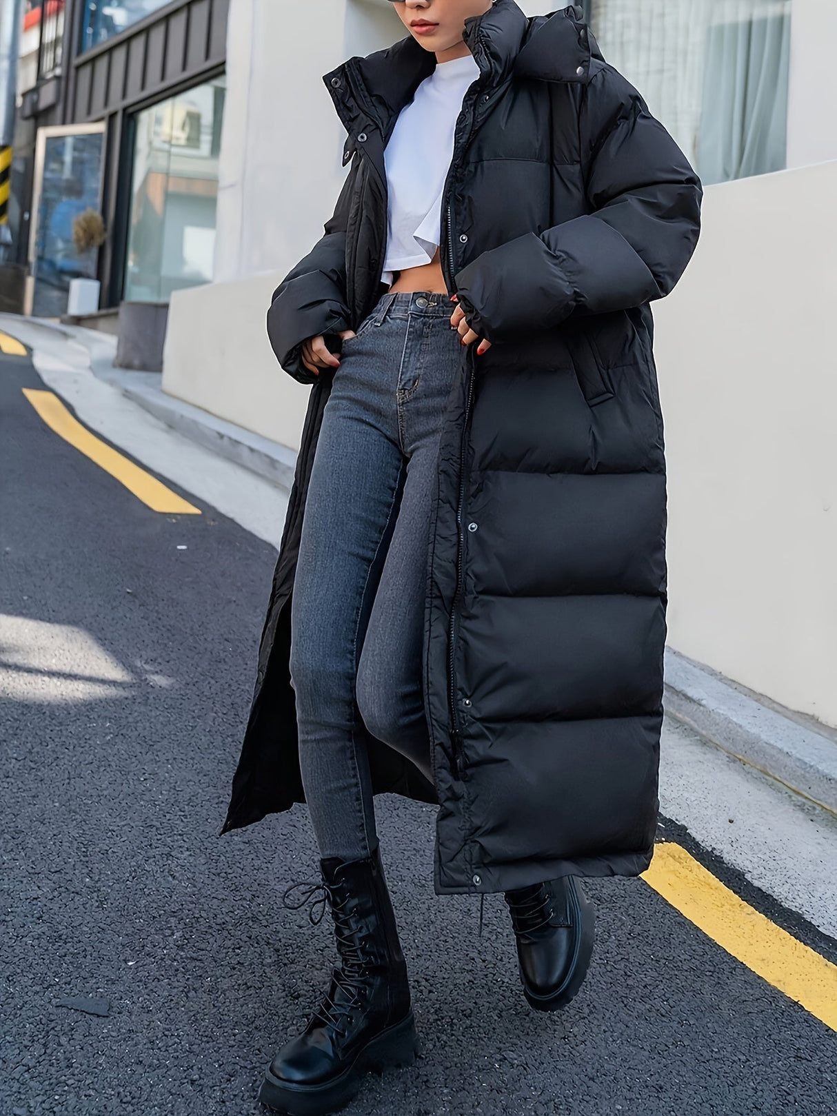 Long Winter Puffer Coat Full Length Black Insulated Design - Product example