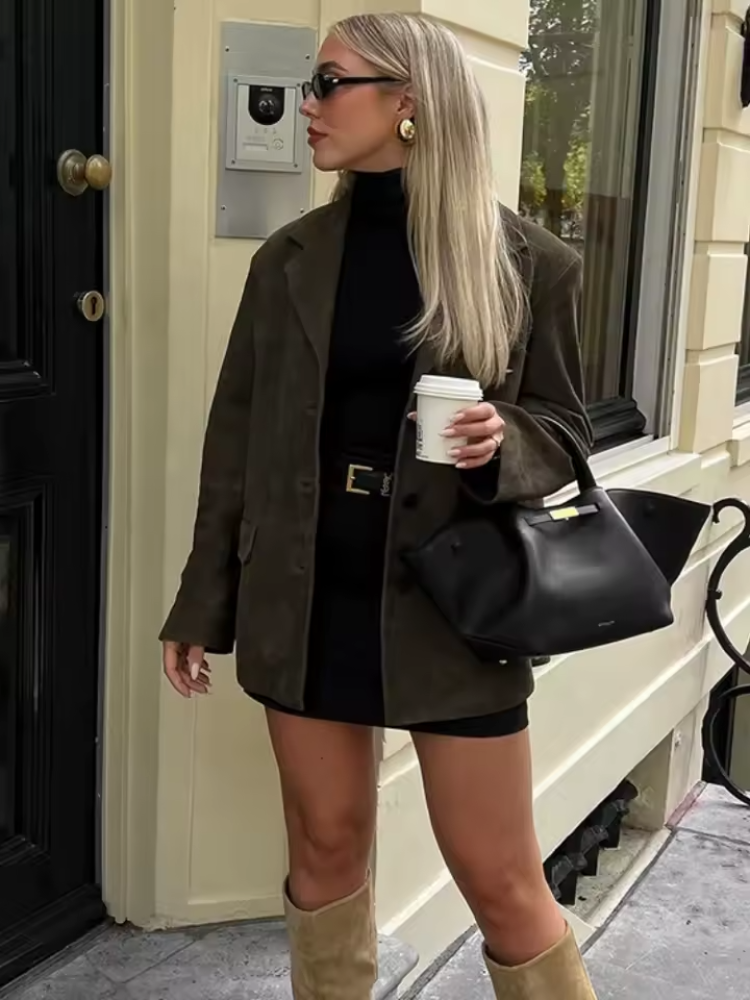 Suede Winter Coat Oversized Brown Button-Up Design - Product detail 7